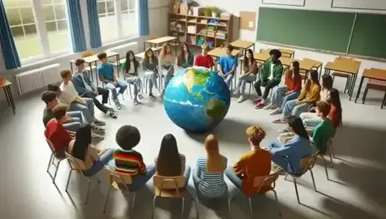 Grupo de estudiantes de secundaria diversos sentados en círculo alrededor de un globo terráqueo en un aula iluminada naturalmente.