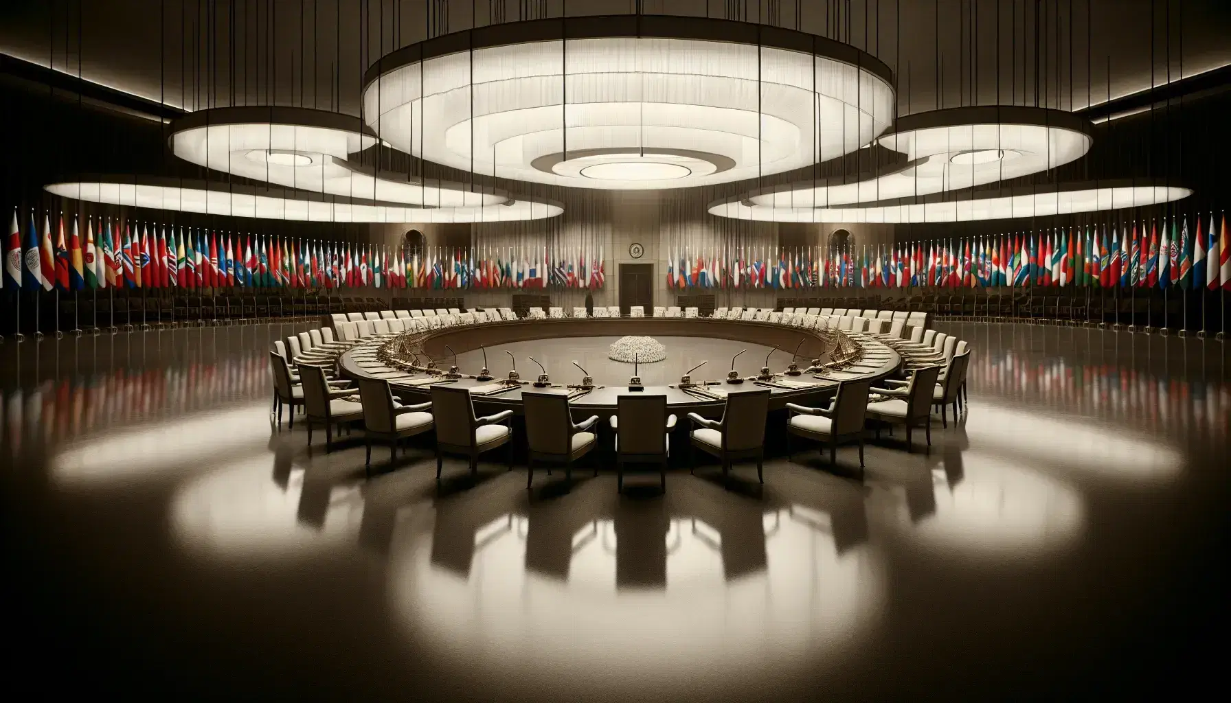 Sala de conferencias internacional con banderas de distintos países, mesa redonda central con sillas y micrófonos, iluminación suave y decoración formal.