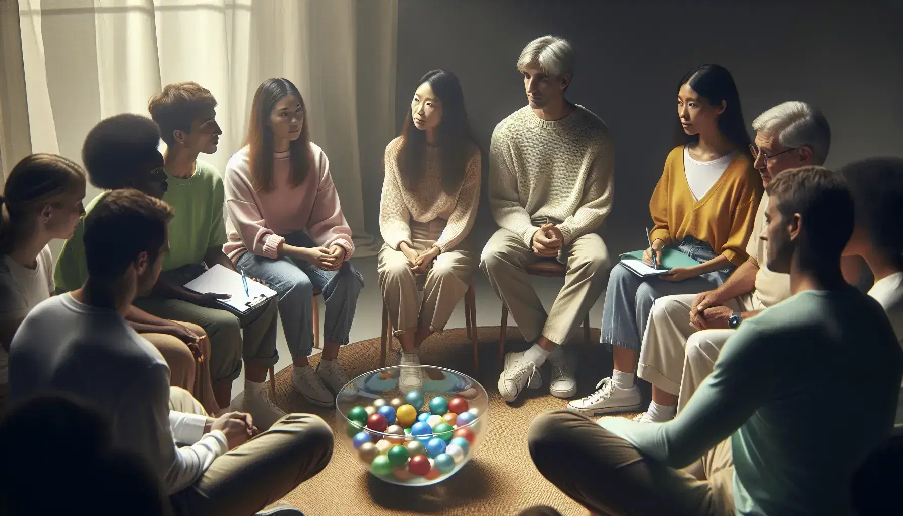 Multi-ethnic group sitting in a circle for a discussion, with young woman speaking and others listening, glass bowl with colored balls in the center.