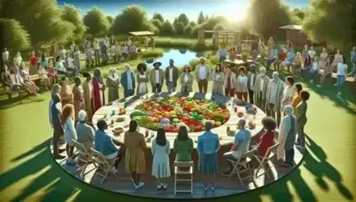 Grupo diverso de personas disfrutando de un picnic saludable con frutas y verduras en un parque soleado, reflejando bienestar y diversidad.