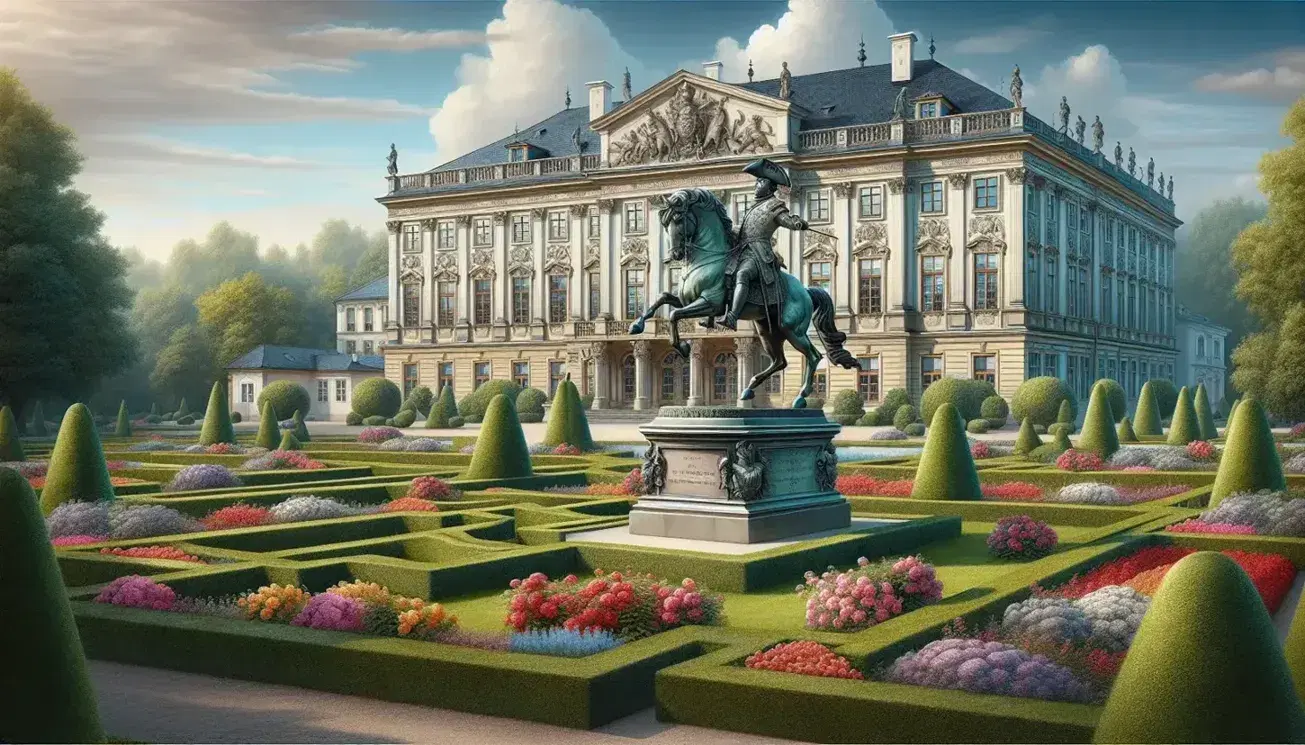 Baroque-style palace with pastel facade, manicured gardens, and a bronze equestrian statue of a military figure under a clear blue sky.