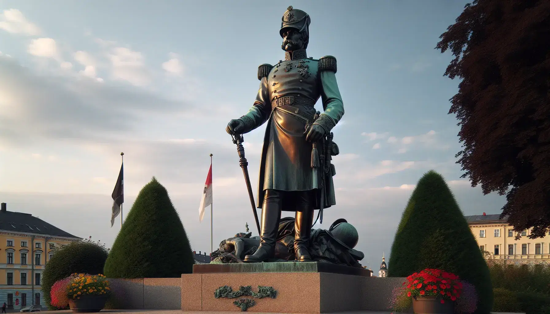 Estatua de bronce de hombre con uniforme militar del siglo XIX y casco Pickelhaube, sosteniendo un bastón, sobre pedestal de piedra, con cielo azul al atardecer y jardín florido.