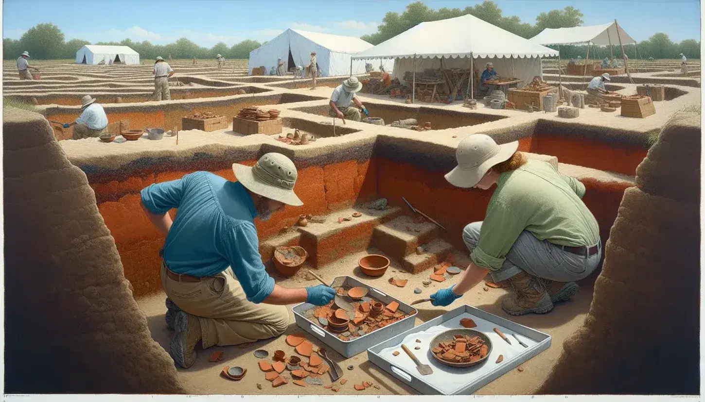 Scavo archeologico con due esperti che lavorano su reperti e strumenti sotto una tenda, in una giornata parzialmente nuvolosa.
