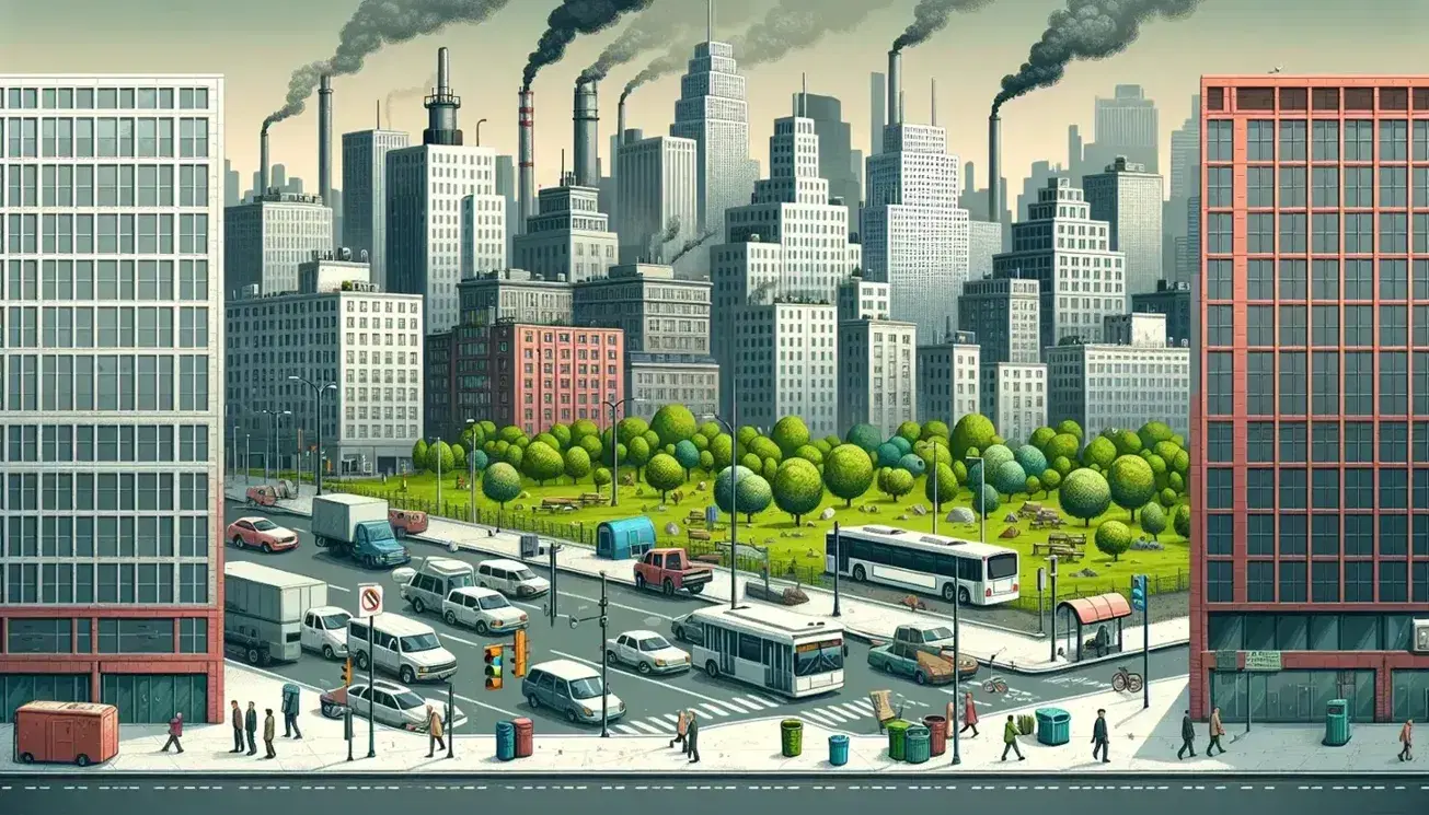 Paisaje urbano con edificios humeantes, calle con vehículos estacionados y personas caminando, área verde con árboles y banco de parque, cielo gris por contaminación.