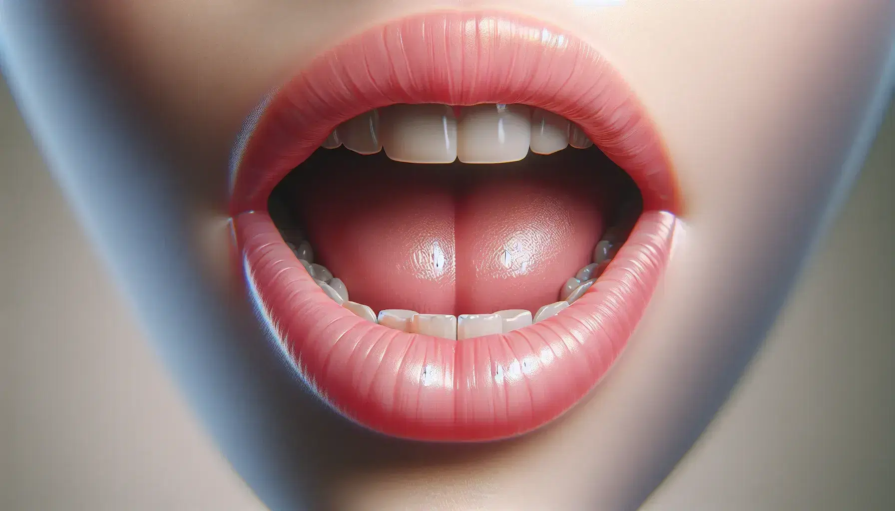 Close-up view of a human mouth with slightly parted lips and visible white teeth, set against a soft-focus background, highlighting the articulation process.