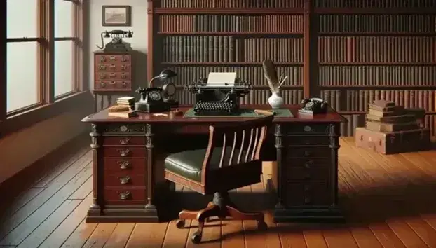 Oficina de principios del siglo XX con escritorio de madera oscura, teléfono bakelita, tintero con pluma, silla tapizada y estantería con libros.