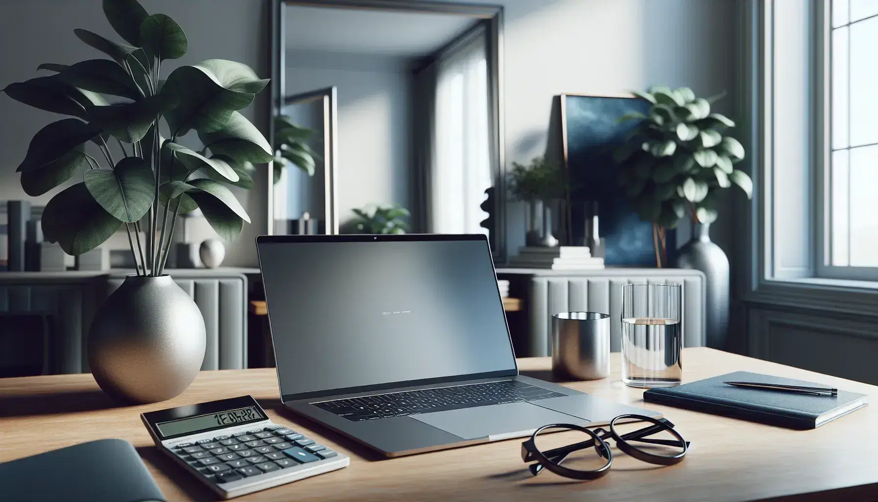 Modern office setup with a wooden desk featuring a silver laptop, a calculator, black-rimmed glasses on a navy blue book, a green potted plant, and a glass of water.