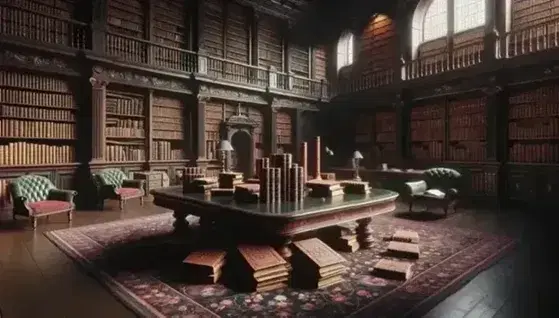 Interno biblioteca storica con tavolo in legno, libri antichi, poltrona in velluto, scaffali colmi di volumi e busto marmoreo di filosofo.
