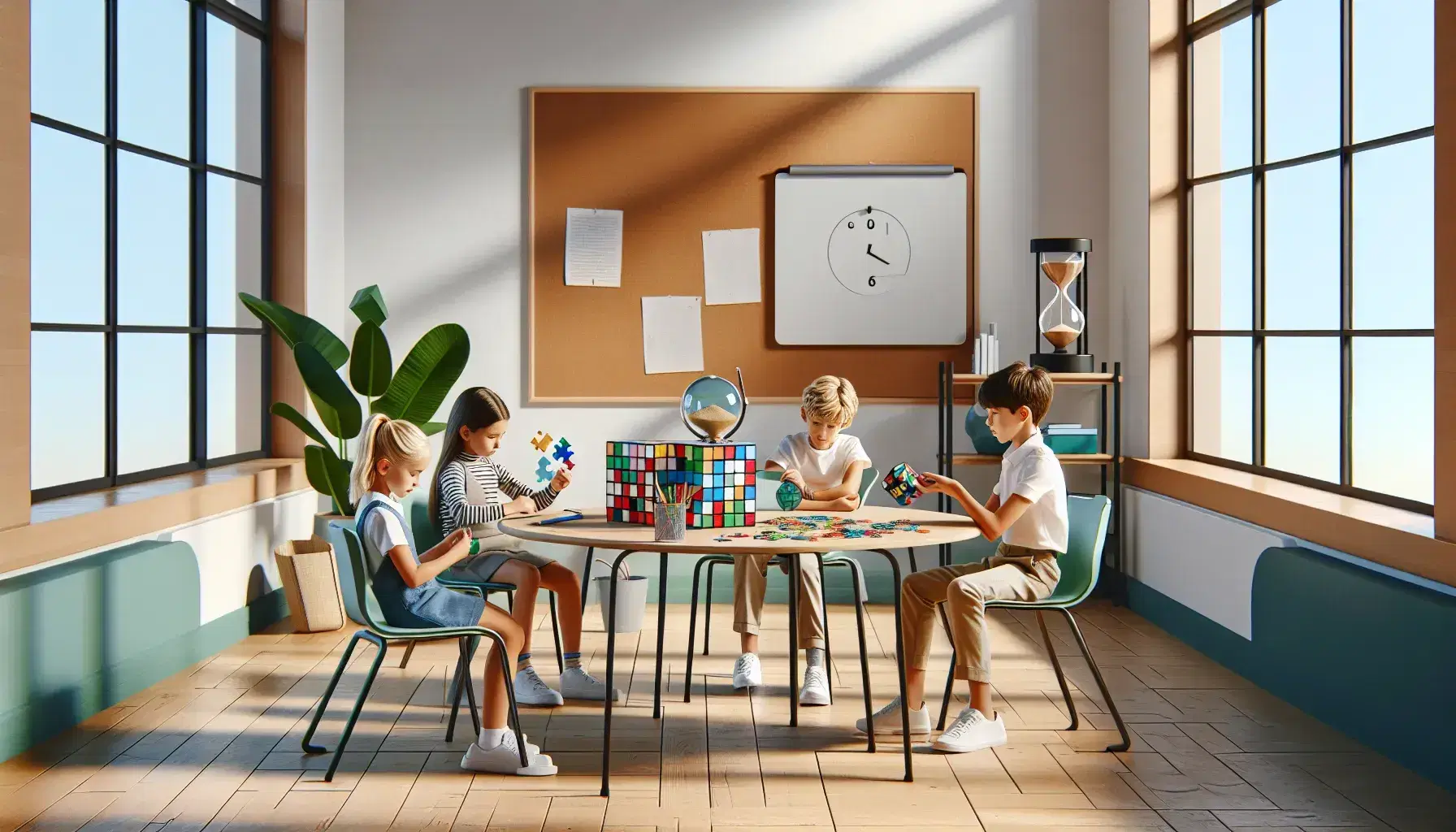 Aula escolar moderna con estudiantes de diversas edades enfocados en actividades educativas, incluyendo un puzzle, un cubo Rubik y un reloj de arena, bajo luz natural.