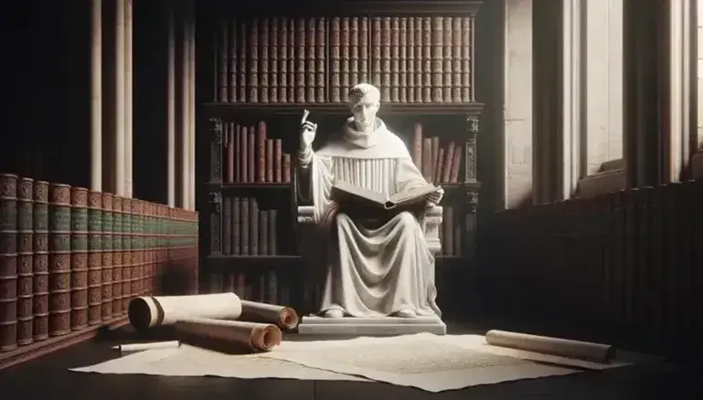 Statua marmorea di San Tommaso d'Aquino seduto con libro aperto e mano alzata in biblioteca antica, pergamene in primo piano.