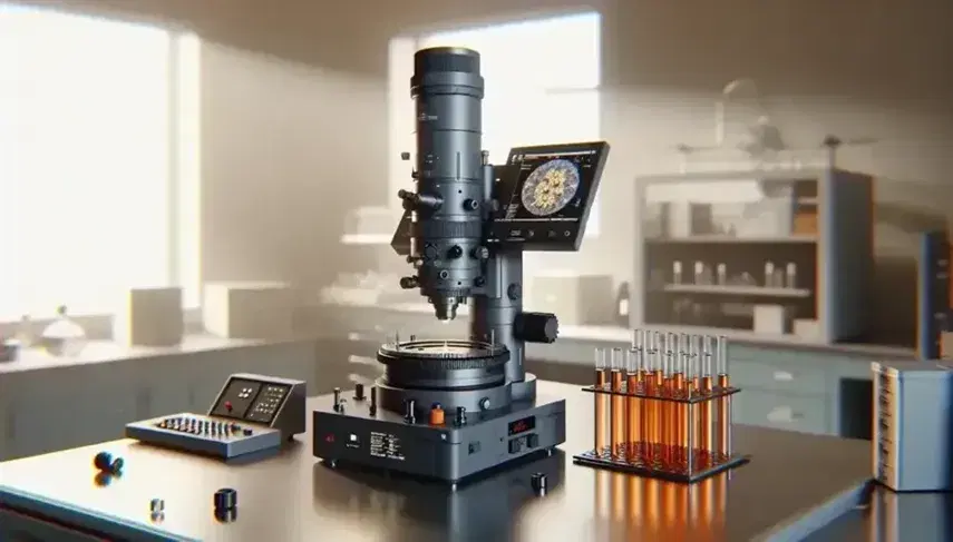 Microscopio elettronico a trasmissione grigio scuro su tavolo da laboratorio con provetta contenente soluzione ambrata e rack metallici.