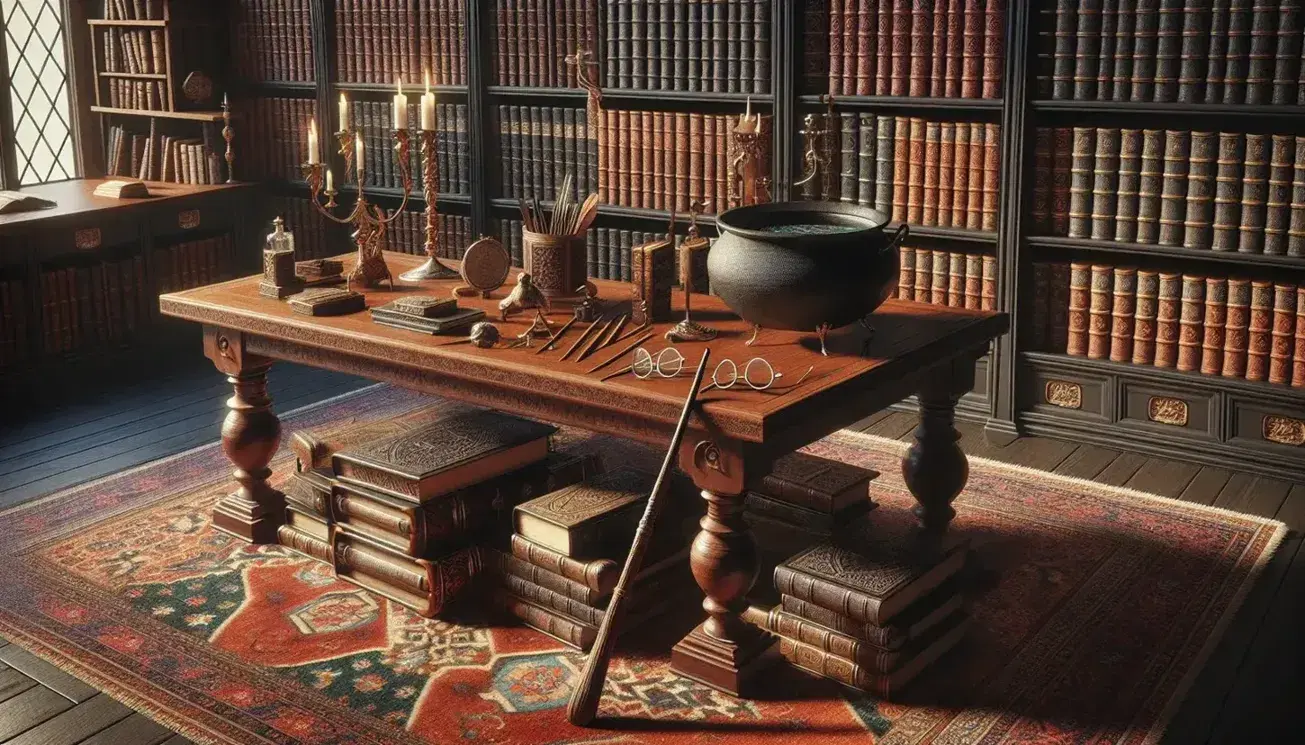 Biblioteca antica con scaffali di libri in pelle, tavolo in quercia con bacchetta magica, calderone, occhiali, lampada a olio e gufo bianco.