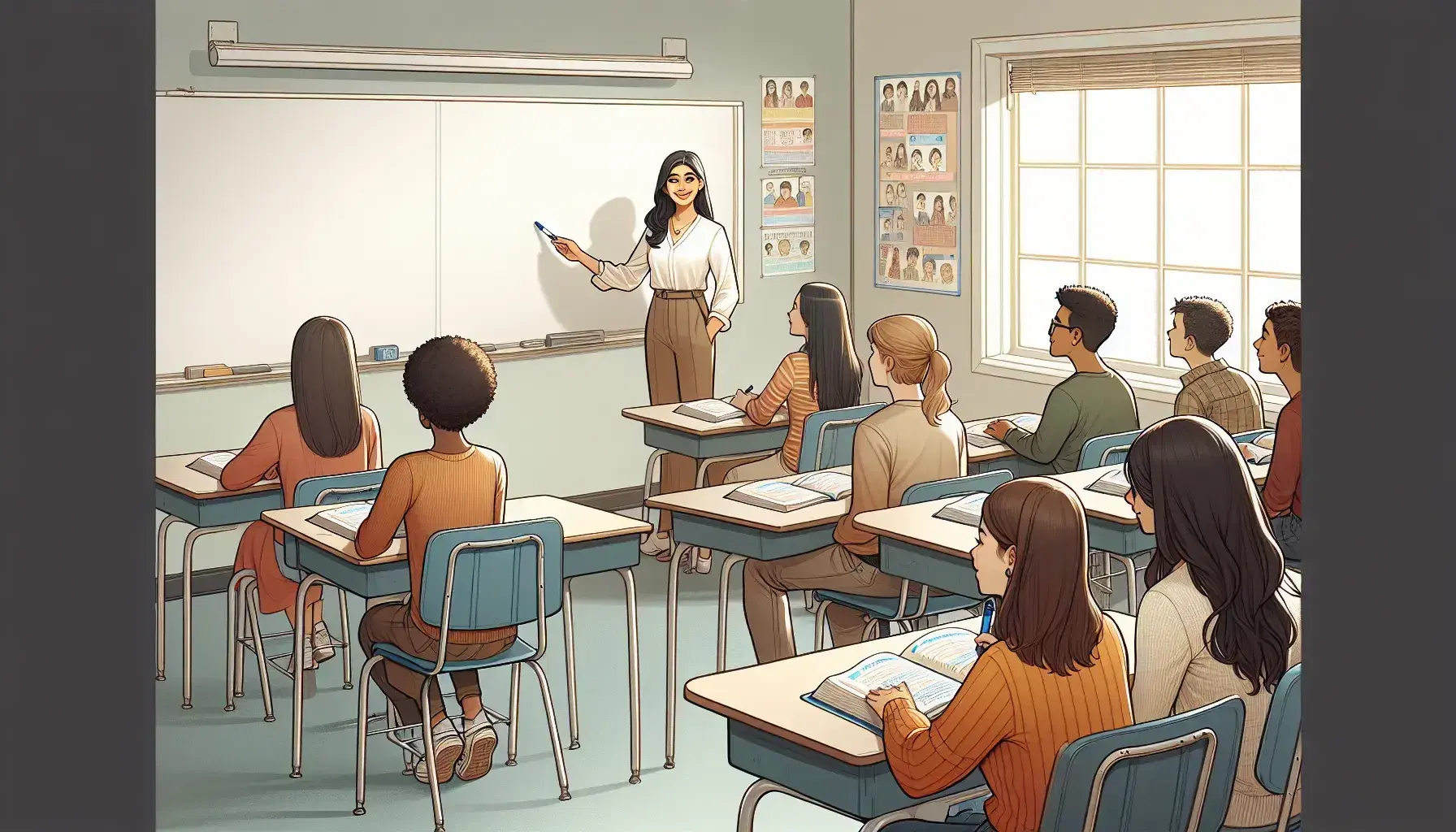 Diverse students in a classroom with a South Asian female teacher by a whiteboard, ready to teach, with textbooks on desks and natural light streaming in.