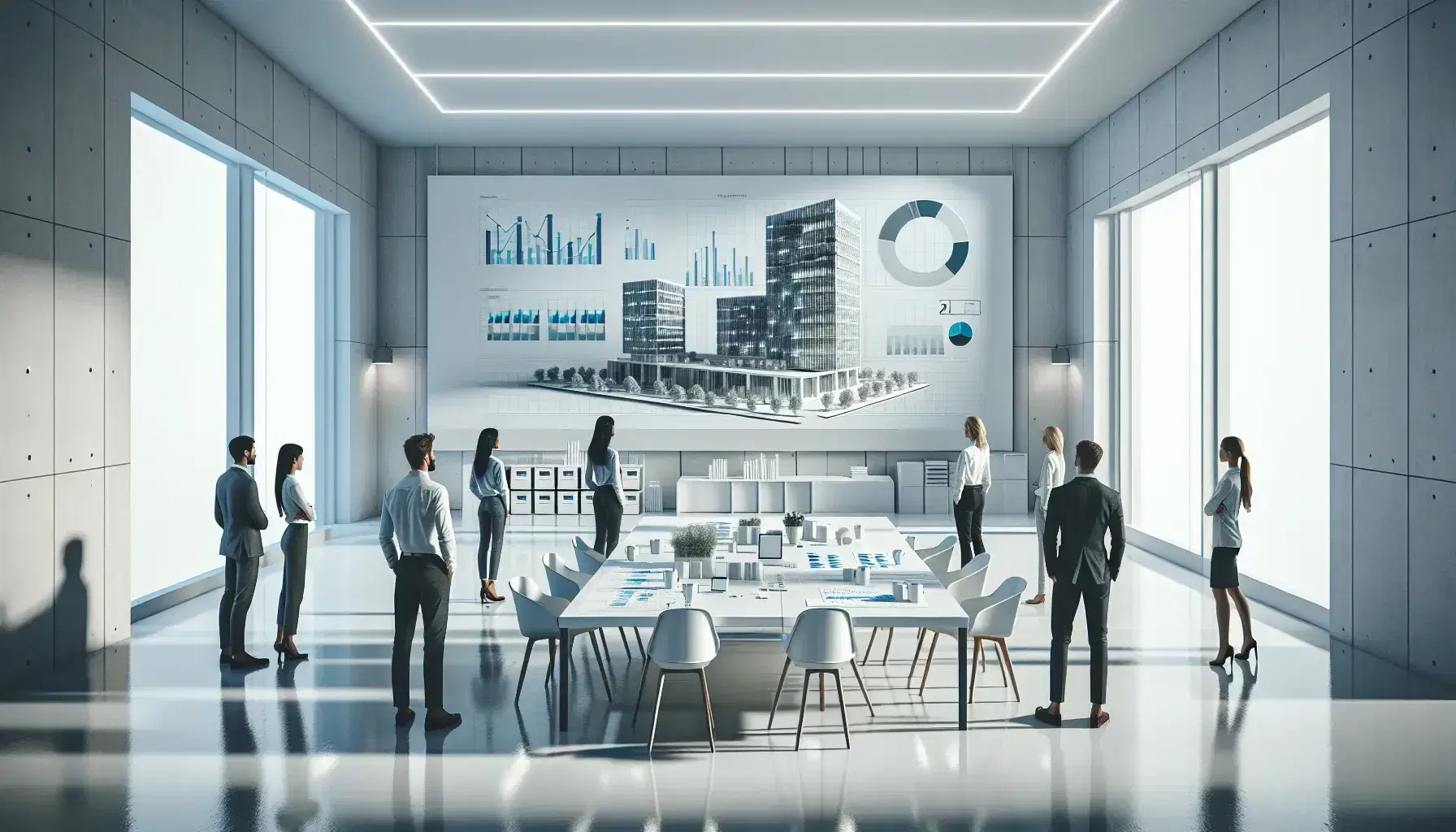 Grupo de cinco profesionales en oficina moderna con mesa de trabajo, maqueta de edificio, gráficos en tabletas y ventanas amplias con cielo despejado.