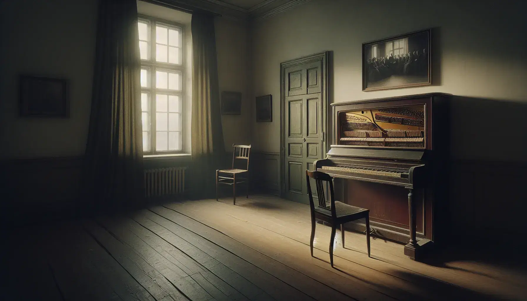 Dimly lit room with an open upright mahogany piano, an empty wooden chair, and a framed vintage black-and-white group photo on a cream wall.