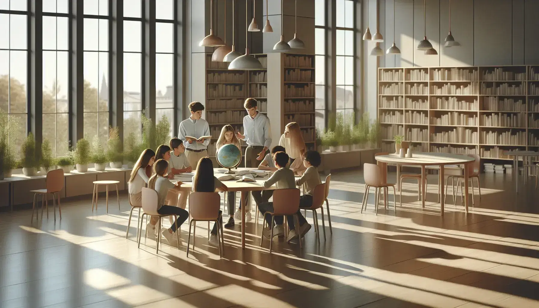 Aula luminosa con estudiantes diversos trabajando en proyecto conjunto alrededor de mesa redonda, con plantas y estanterías de libros al fondo y un adulto explicando.