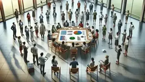 Grupo diverso de personas en reunión de trabajo con gráficos, calculadora y dispositivos electrónicos en una sala iluminada con plantas.