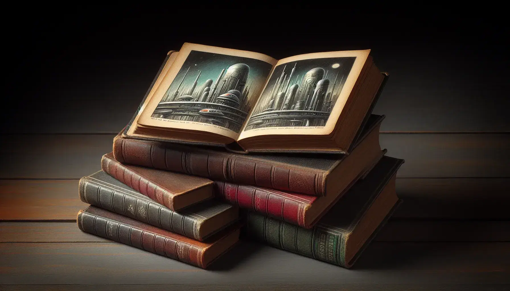 Stack of vintage hardcover books topped with an open book illustrating a metallic futuristic cityscape in twilight hues on a dark wooden surface.