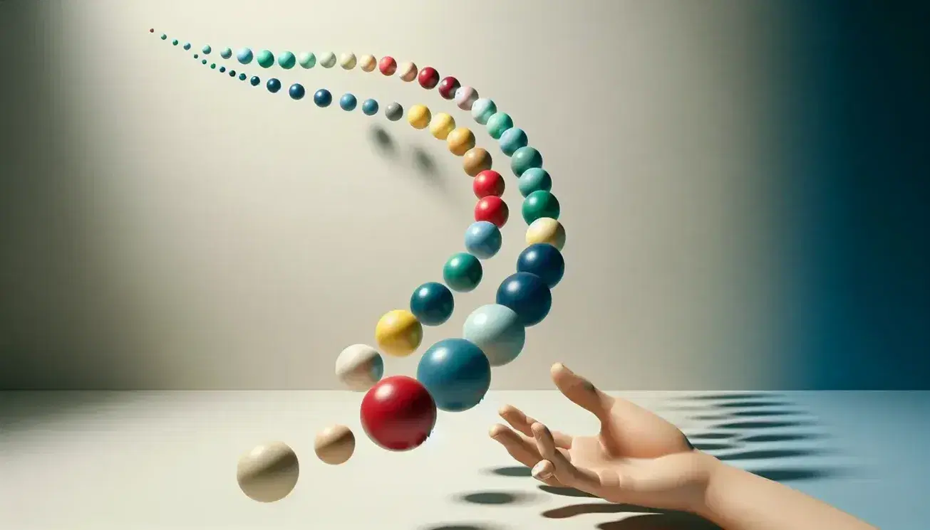 Esferas de colores en secuencia ascendente con mano lanzando la primera, sin sombras visibles, transmitiendo movimiento y ascenso.