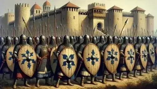Byzantine soldiers in armor with spears and blue shields in front of a fortress with towers and caparisoned horses, under a clear sky.