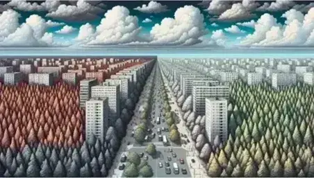 Paesaggio urbano con edifici e strade si fonde in una foresta rigogliosa sotto un cielo azzurro con nuvole bianche e sfumature di inquinamento atmosferico.