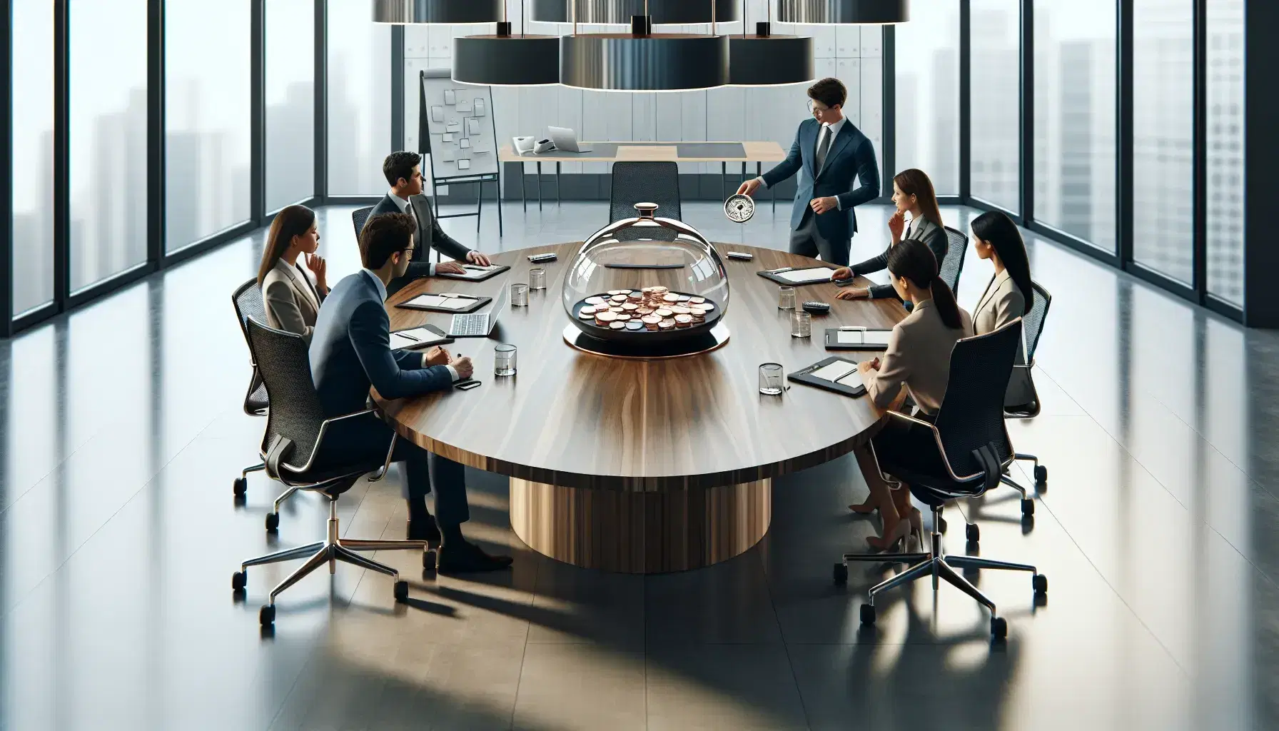 Diverse team in a modern office engages in a financial meeting around a wooden table with a calculator, papers, and a jar of coins.