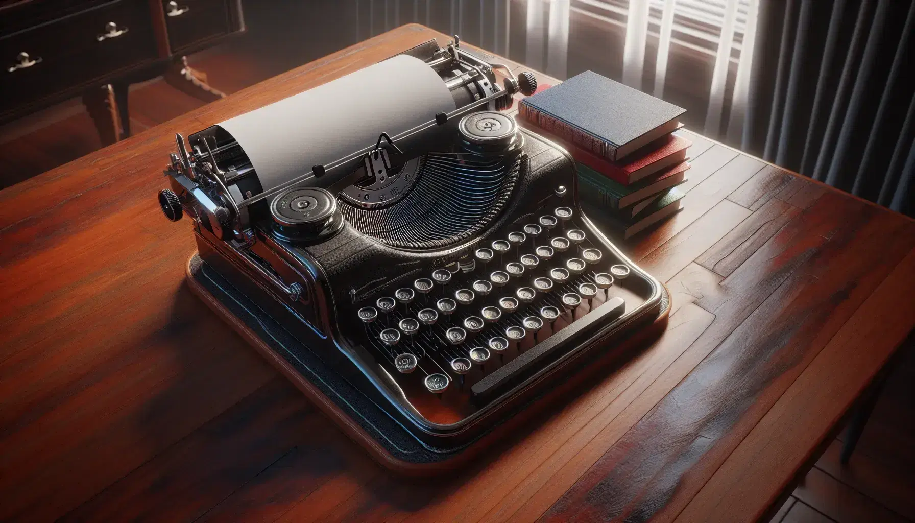 Vintage typewriter with blank paper on a mahogany desk beside a stack of hardcover books, illuminated by soft light from a window with white curtains.