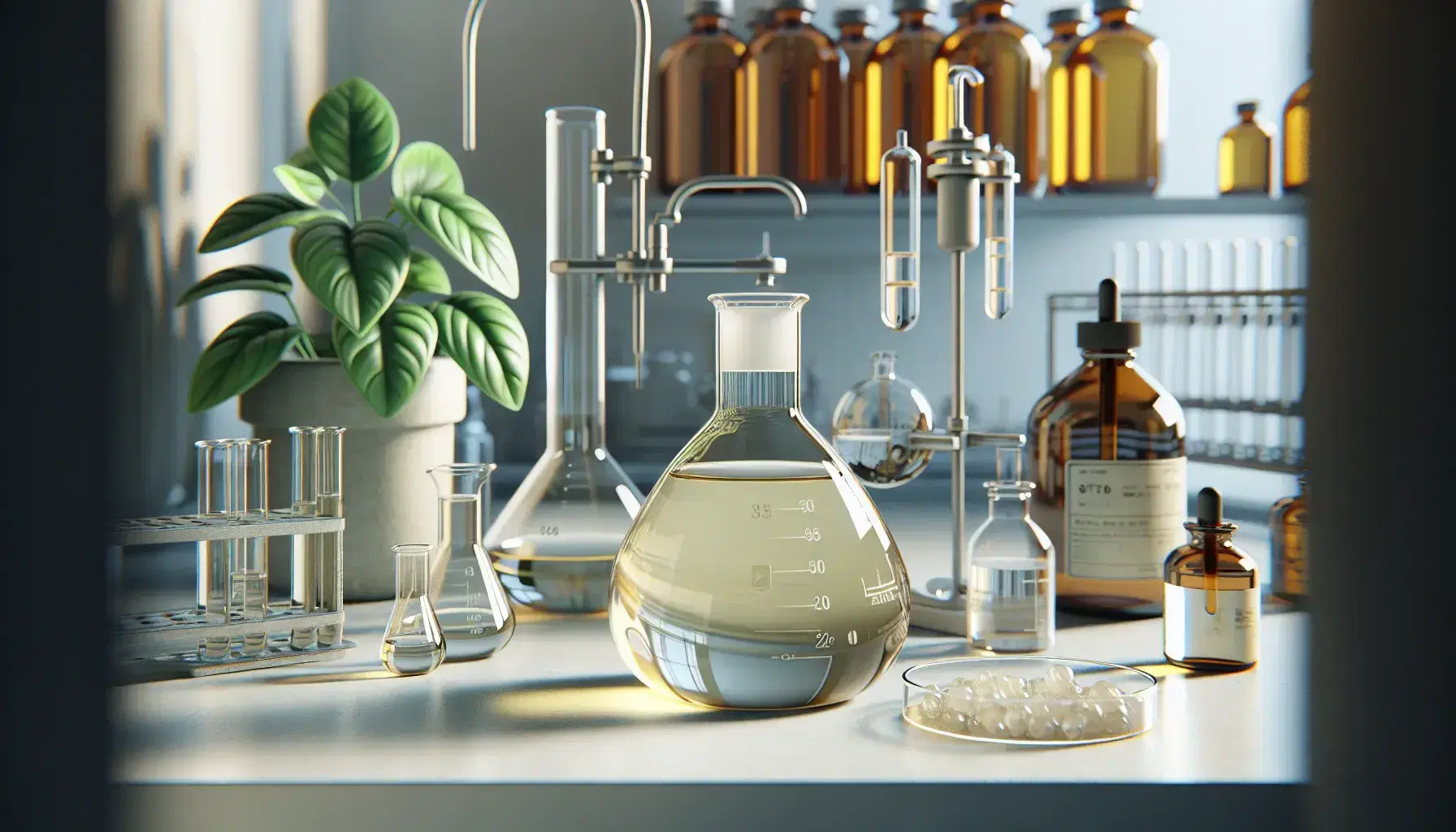 Laboratory with glass flask and pale yellow liquid, laboratory equipment, green plants and blurry amber bottles in the background.