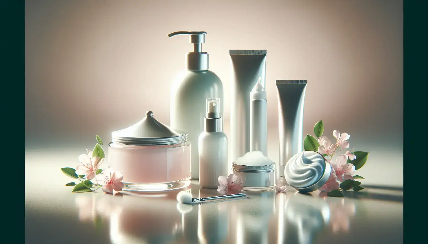 Productos cosméticos en tonos suaves con flores, incluyendo un frasco de loción rosada, tubo de crema, spray metálico y espuma en envase blanco sobre superficie clara.