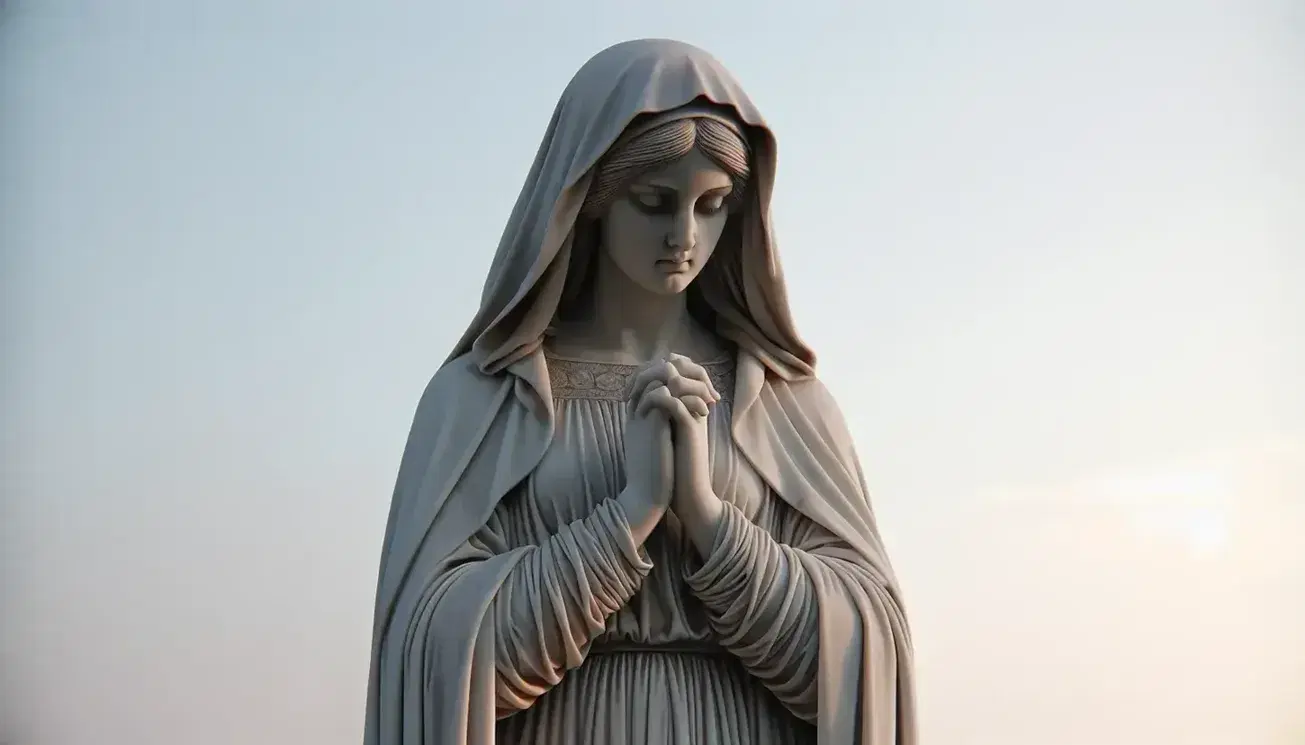 Estatua a tamaño real de mujer en oración con vestimenta antigua y capa, tallada en material que imita mármol blanco, sobre base de piedra bajo cielo despejado.