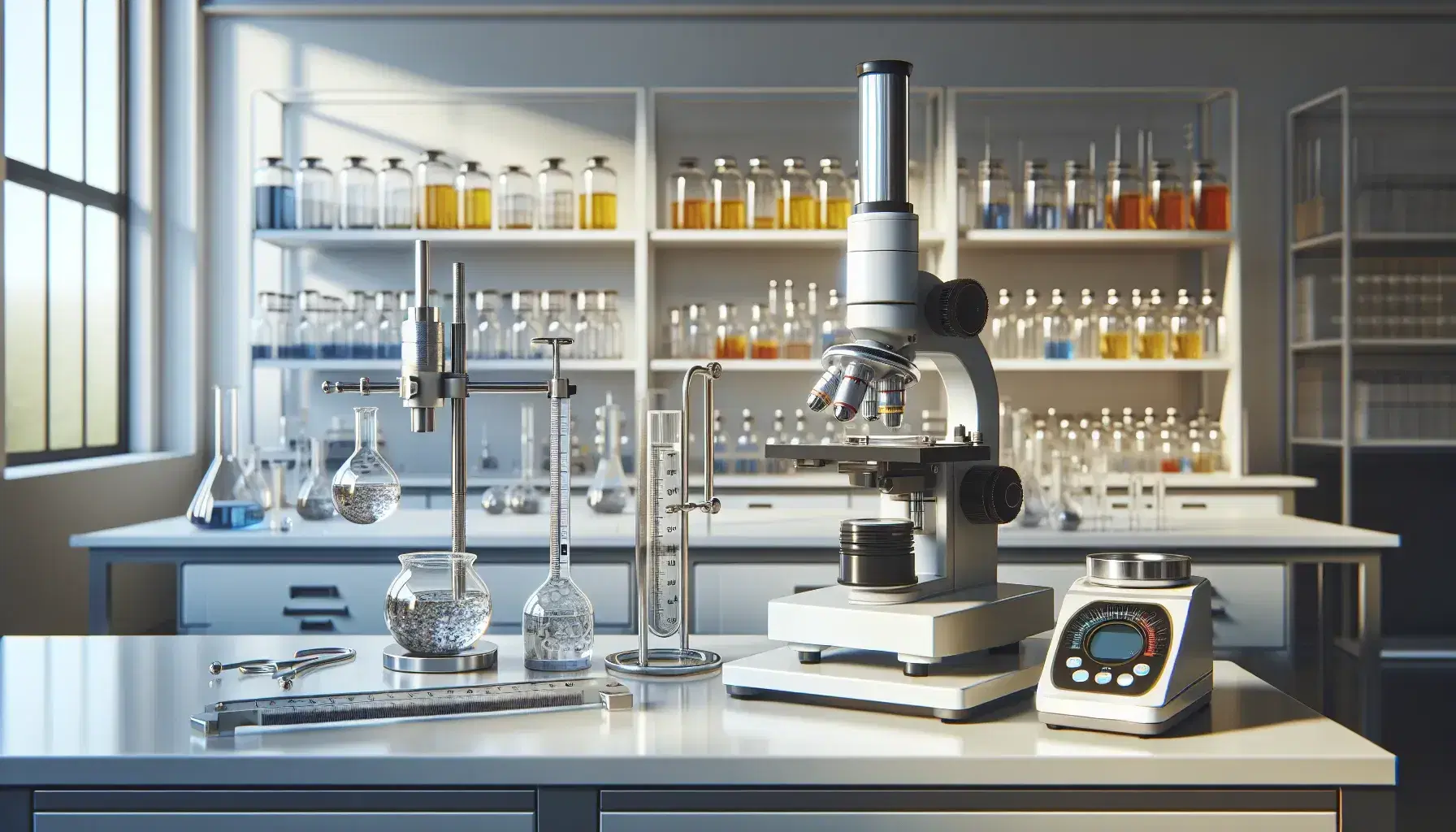 Laboratorio scientifico moderno con calibro Vernier, microscopio ottico, bilancia analitica digitale e scaffali con contenitori di vetro.