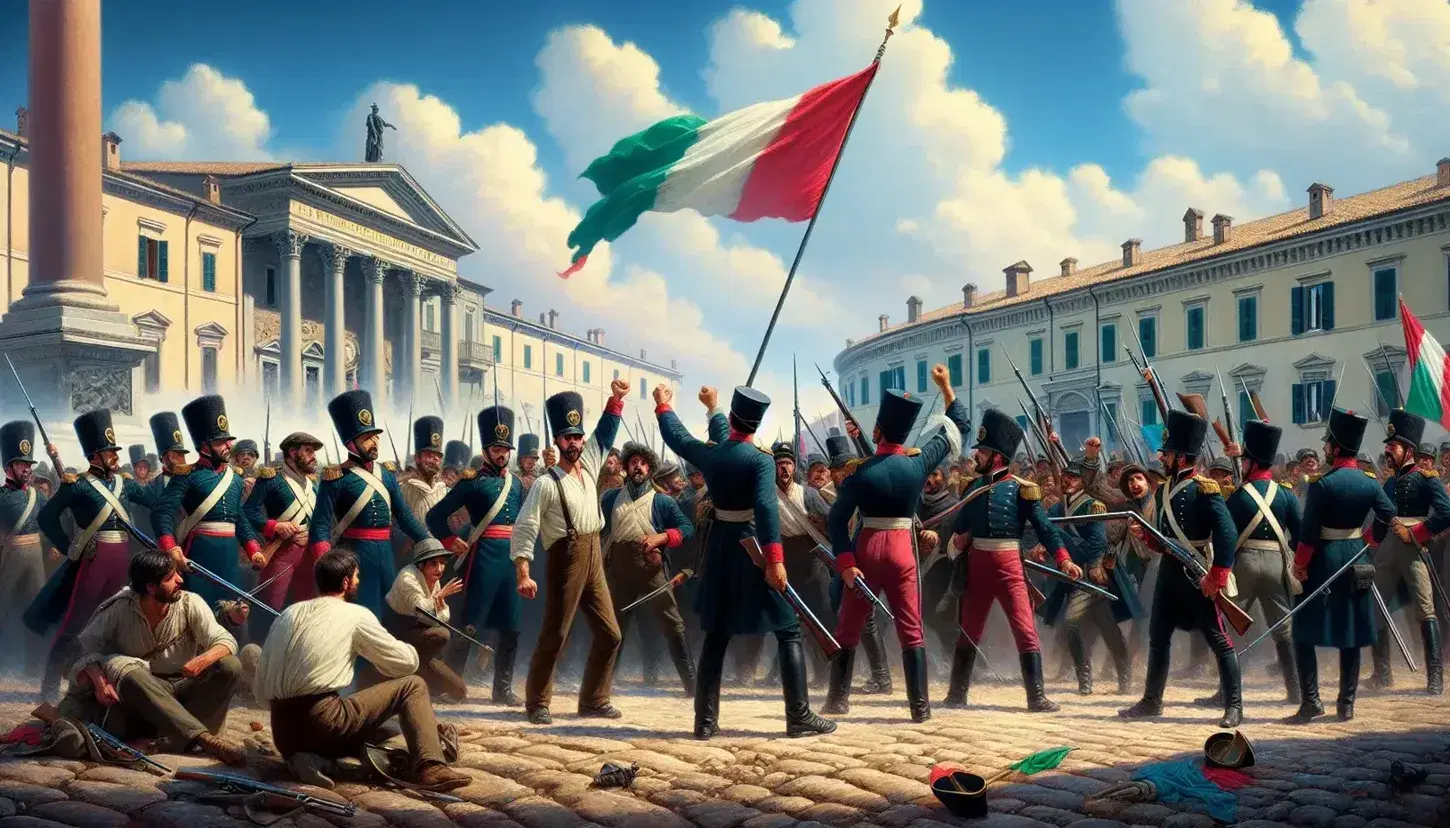 Scena della Prima Guerra d'Indipendenza Italiana con soldati in uniformi blu e rosse, civili partecipanti e bandiere tricolori.