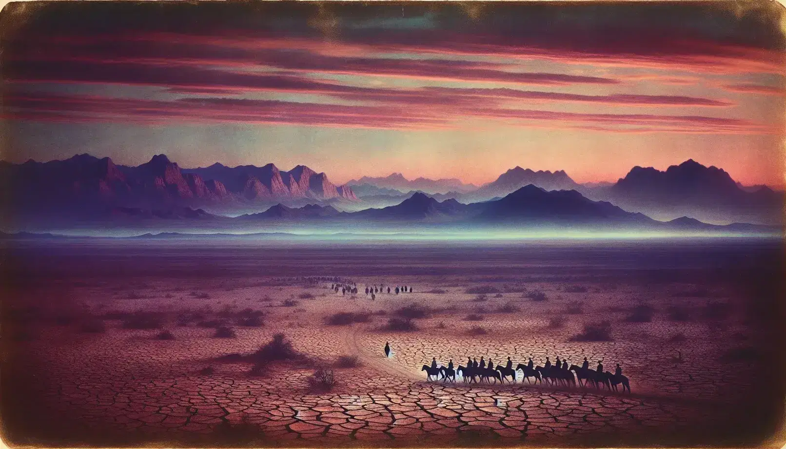 Desolate Southwestern landscape at sunset with silhouetted horse riders, a lone barren tree, and distant mountains under a gradient sky.