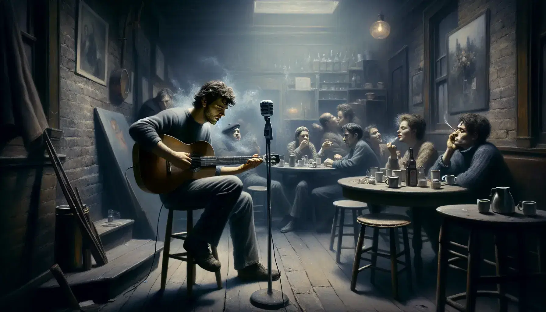 Cozy coffeehouse ambiance with a man playing guitar, a woman at a mic, patrons in discussion, and a barista at an espresso machine.