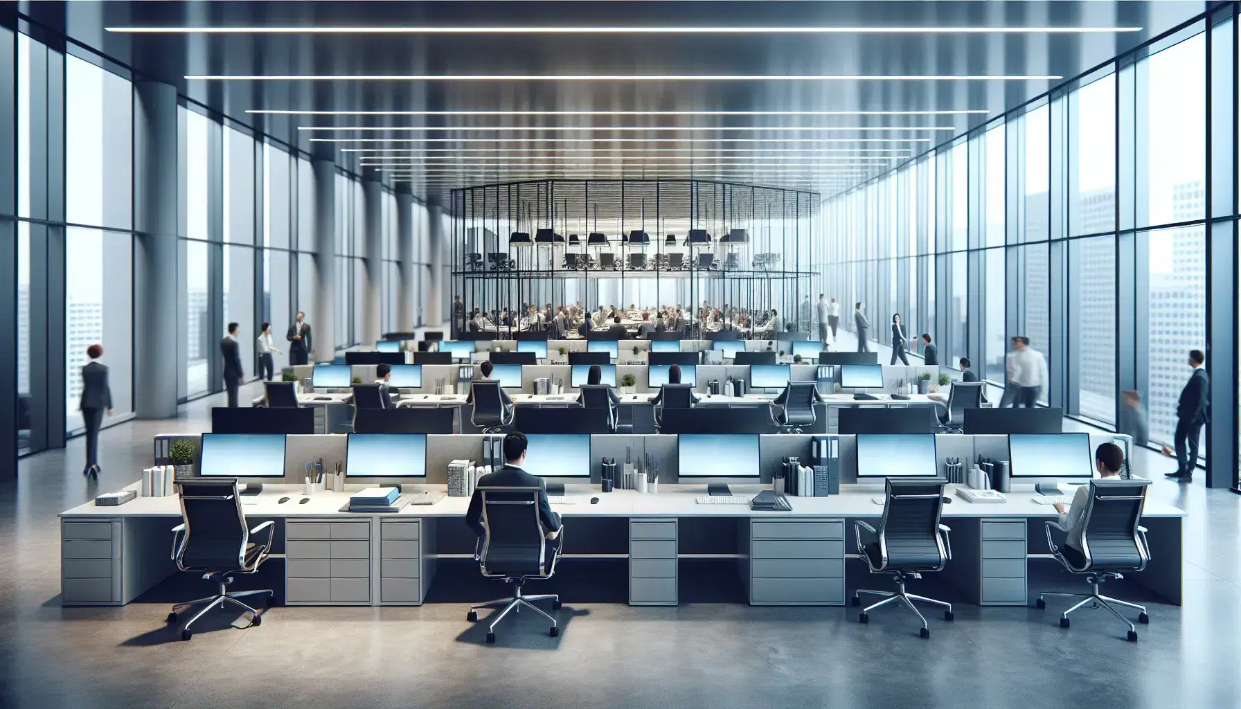 Modern office environment with tidy desks, computers turned on, glass meeting room and green plants, natural and artificial lighting.