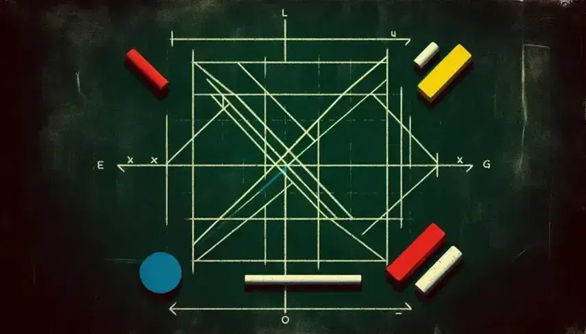 Pizarra verde oscuro con figuras geométricas de colores en plano cartesiano y tizas usadas en la parte inferior.