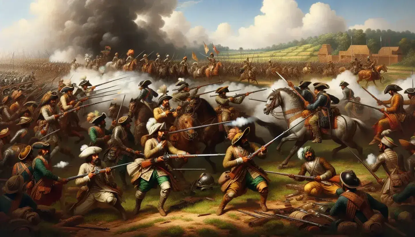 European mercenaries in 17th-century attire engage in musket combat alongside South Asian soldiers on elephants and horseback in a vibrant historical battle scene.