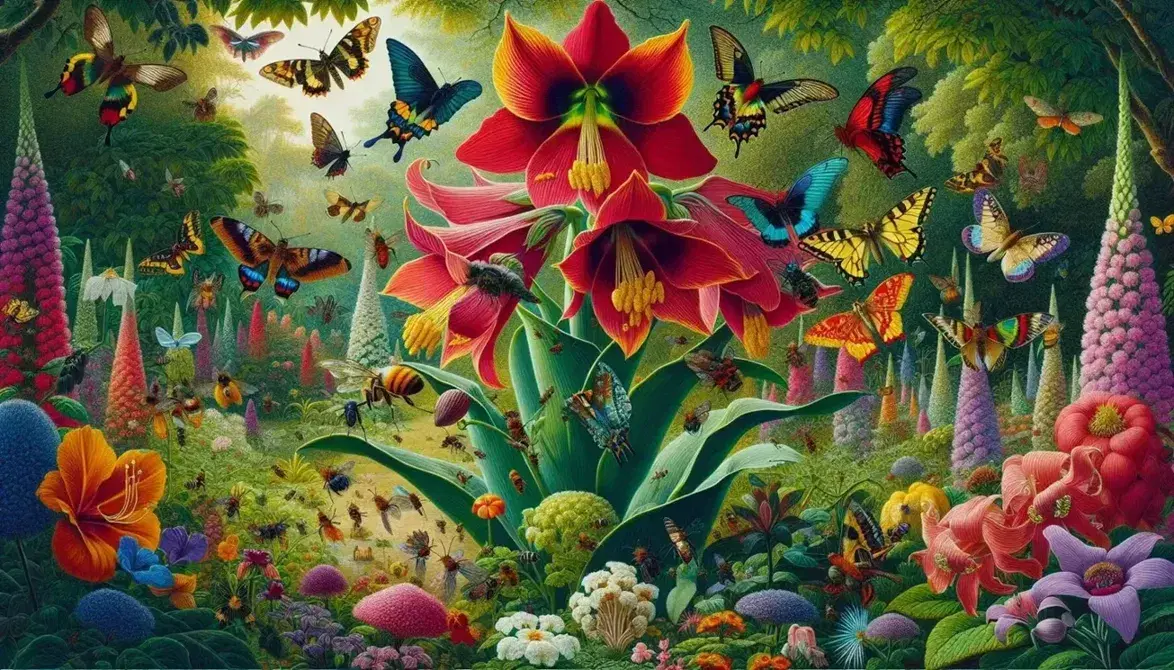 Giardino rigoglioso con fiori rossi e gialli, farfalle variopinte, api al lavoro e colibrì verde-azzurro vicino a fiore viola.