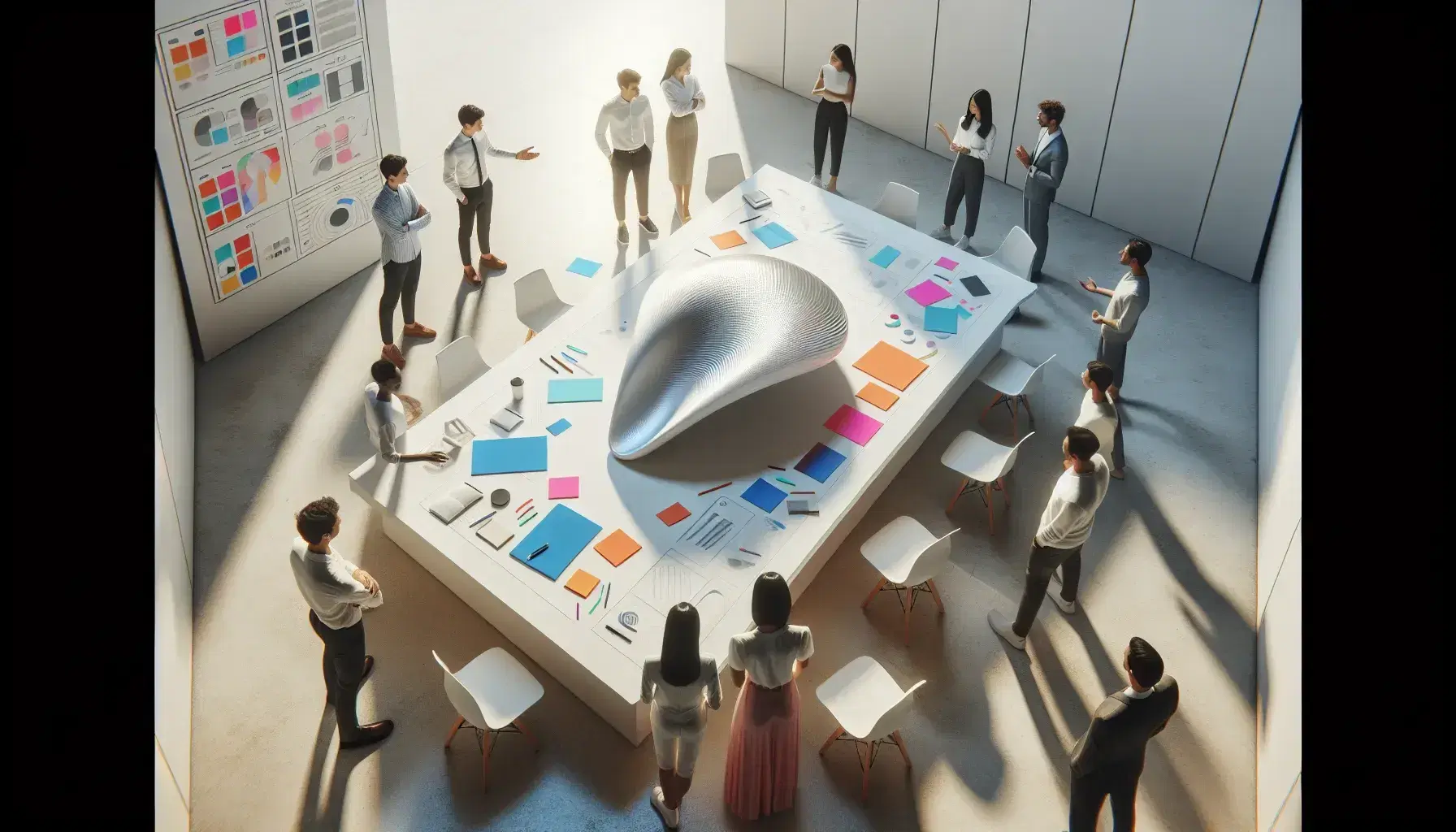 Grupo diverso de profesionales colaborando en torno a una maqueta de producto aerodinámico con notas adhesivas y útiles de escritura sobre una mesa blanca.