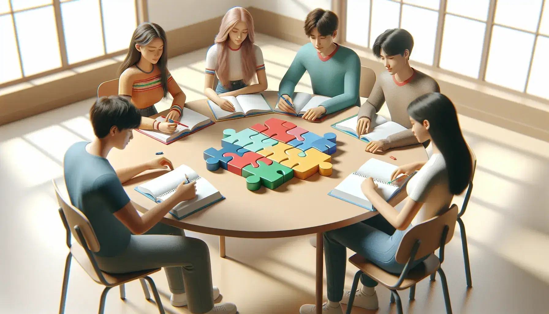 Cinco estudiantes diversos colaborando en un proyecto, sentados alrededor de una mesa redonda con cuadernos coloridos y un objeto 3D tipo rompecabezas en el centro.