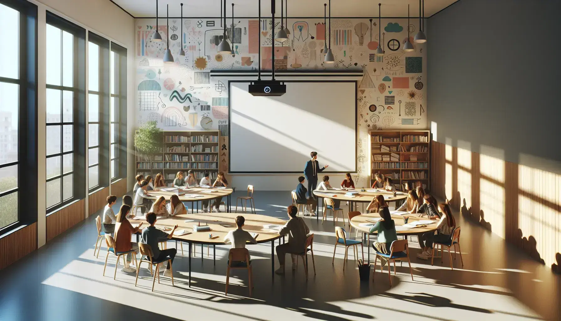Aula espaciosa y luminosa con estudiantes diversos en mesa redonda, discutiendo activamente, pizarra blanca y estantería con libros al fondo.