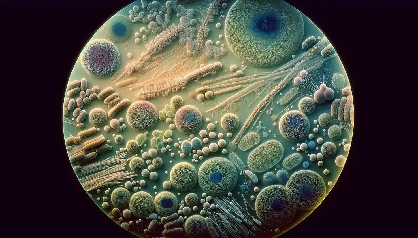 Vista microscópica de colonia bacteriana en medio de cultivo agar con bacterias de diversas formas y colores por tinción, y estructuras fúngicas al fondo.