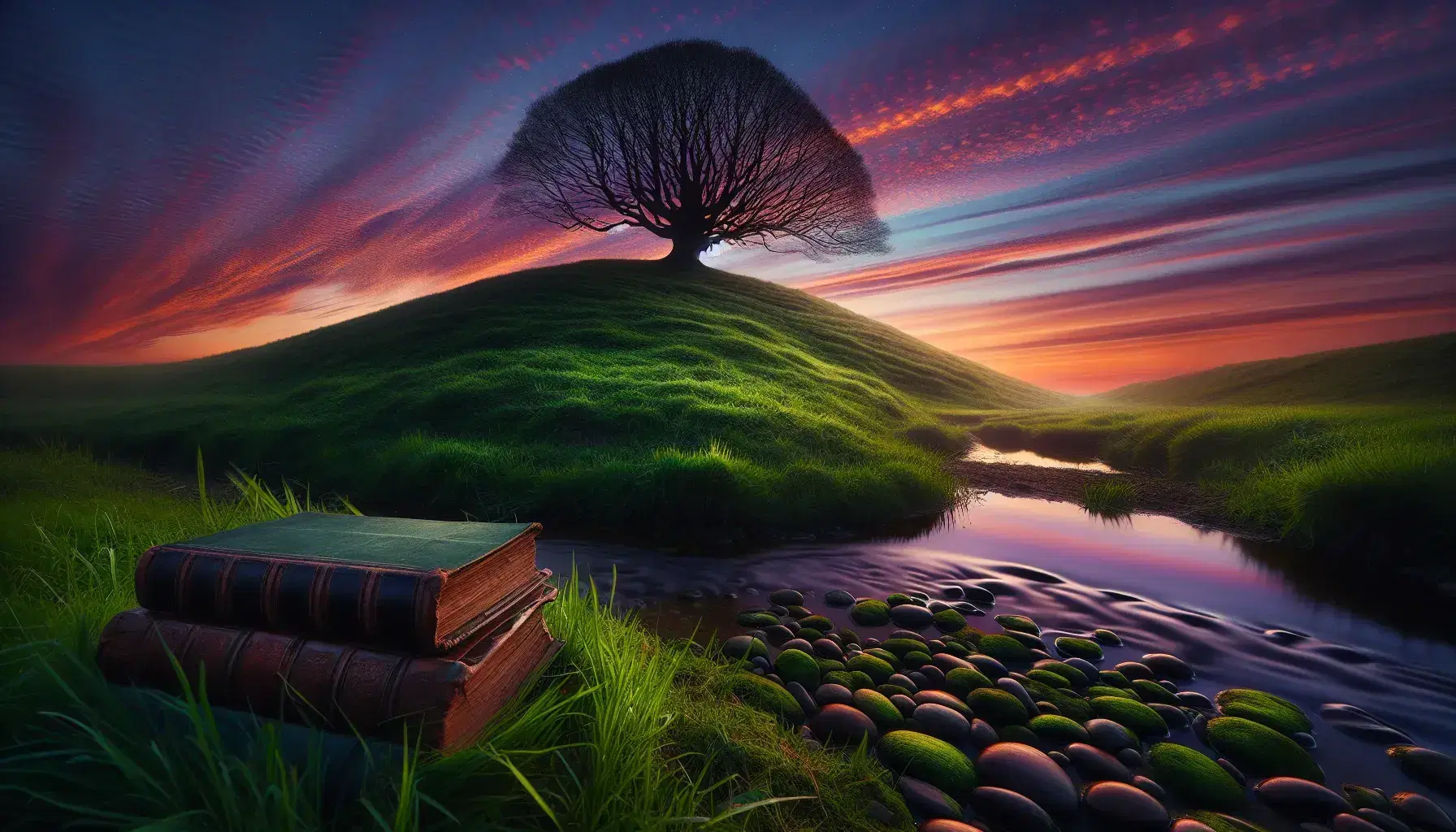 Paesaggio naturale al crepuscolo con collina erbosa, albero spoglio, cielo sfumato da arancio a blu notte, ruscello, libri antichi e gufo.