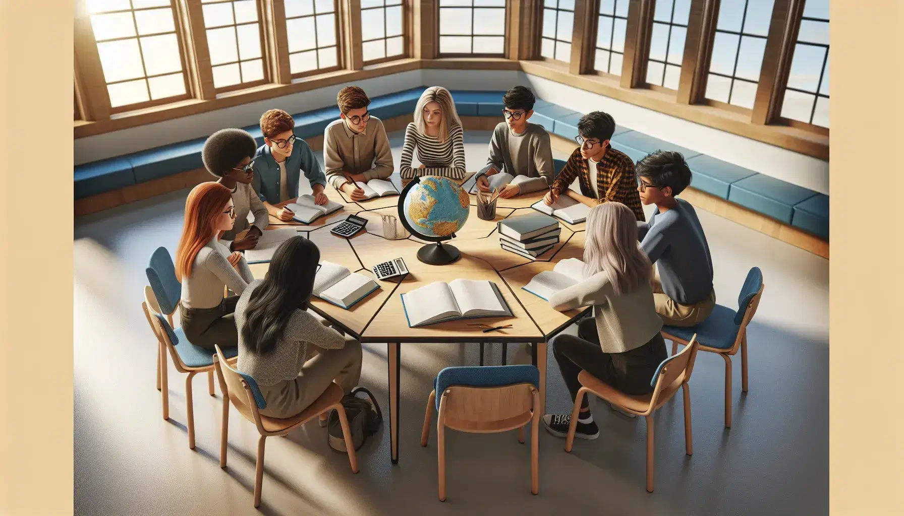 Six students of different ethnic backgrounds discuss around a hexagonal table in the classroom, with books, globe, calculator and microscope, in a multicultural context.