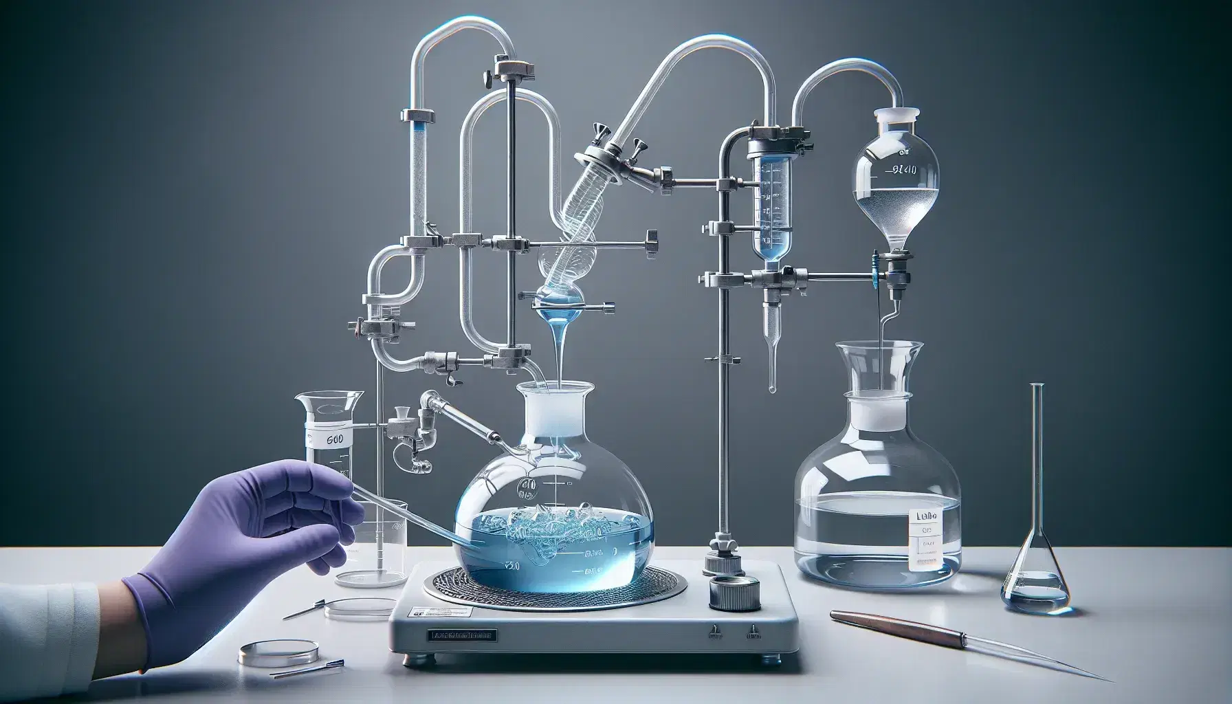 Laboratory with round bottom flask containing blue liquid, connected to Liebig condenser, hands with purple gloves add liquid from funnel.
