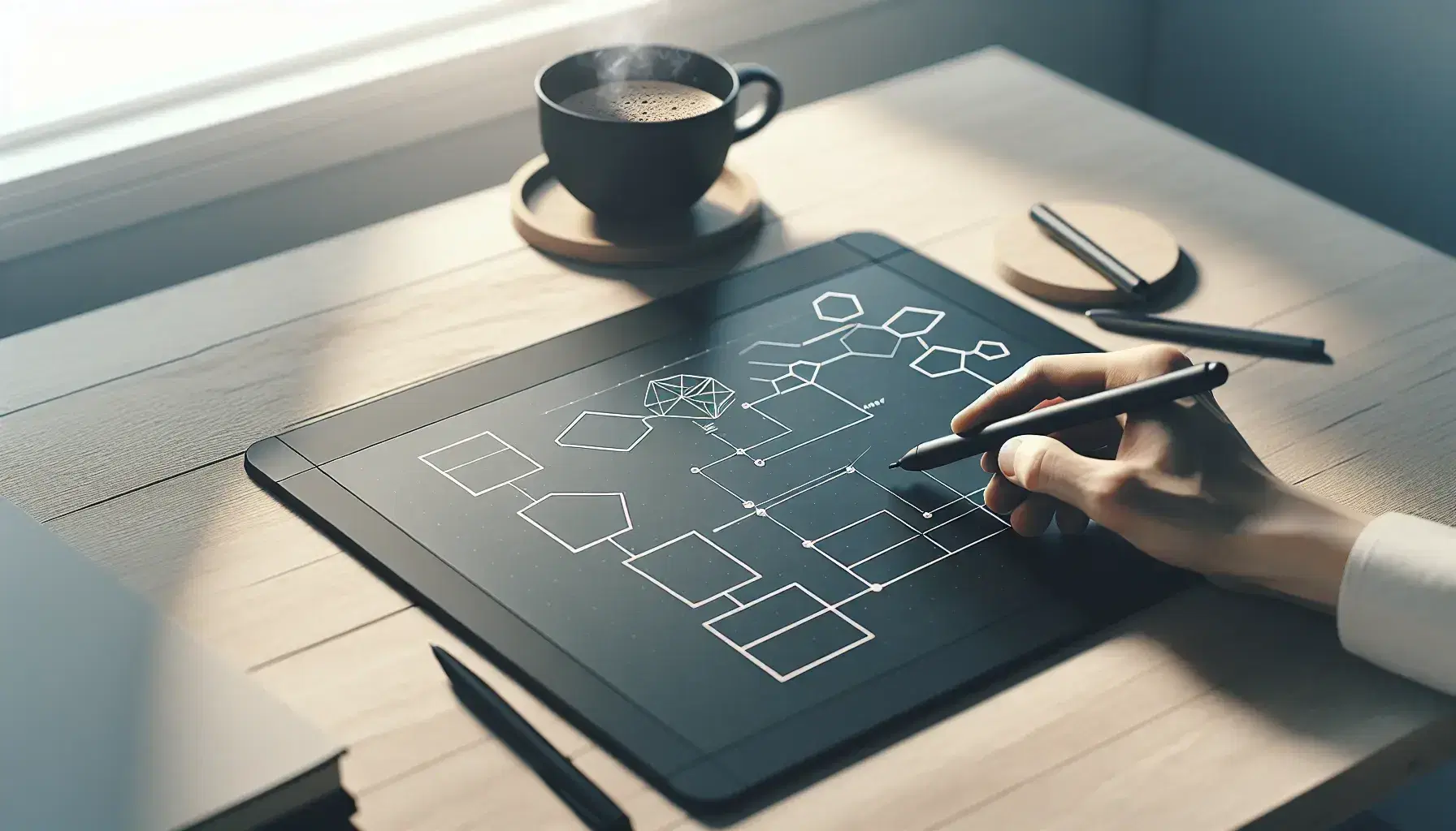 Mano sosteniendo un lápiz óptico sobre tableta gráfica con diagrama de flujo, junto a taza de café caliente en ambiente de trabajo iluminado naturalmente.