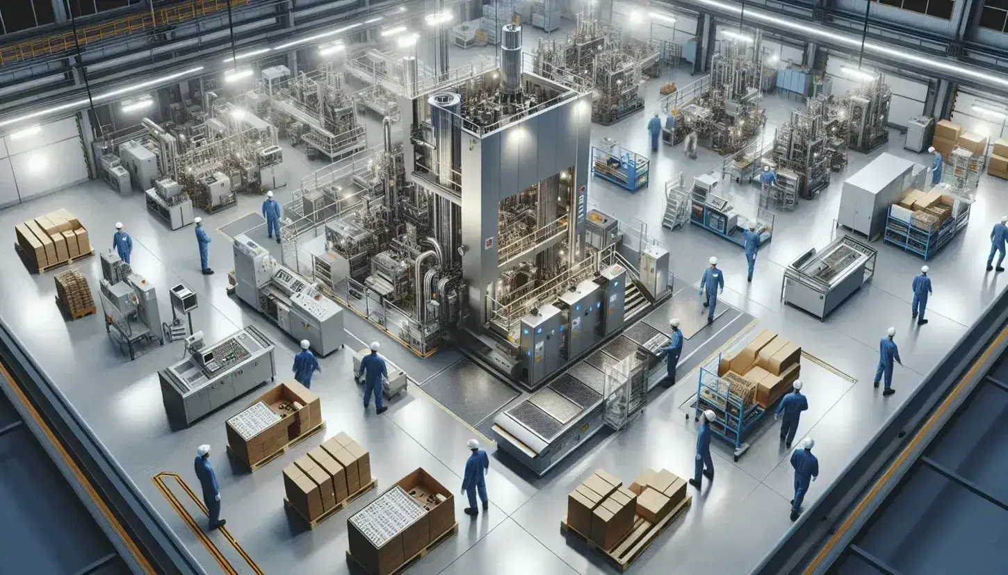 Vista aérea de planta industrial con trabajadores en uniforme de seguridad operando maquinaria y herramientas en mesas de ensamblaje, iluminación brillante y estantes con cajas.