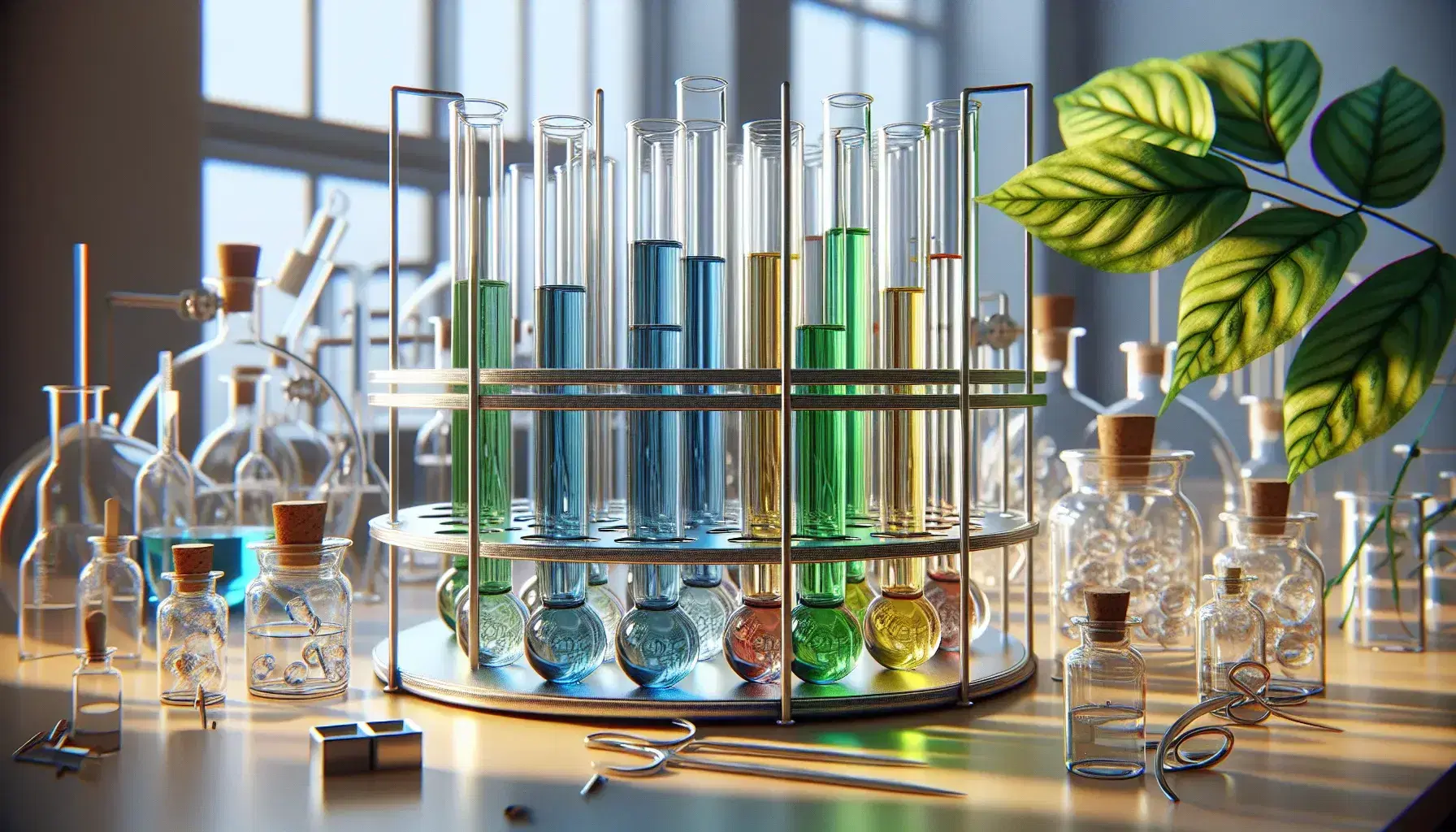 Tubos de ensayo con líquidos de colores azul, verde, amarillo, rojo y transparente en un soporte metálico, con frascos y hoja verde en laboratorio.
