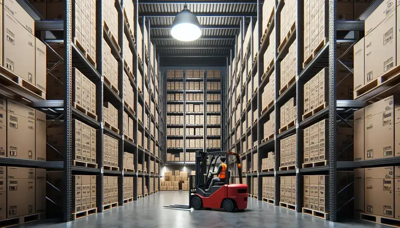 Warehouse interior with high shelves stocked with uniform boxes, worker in orange vest operating red forklift, and industrial lighting overhead.
