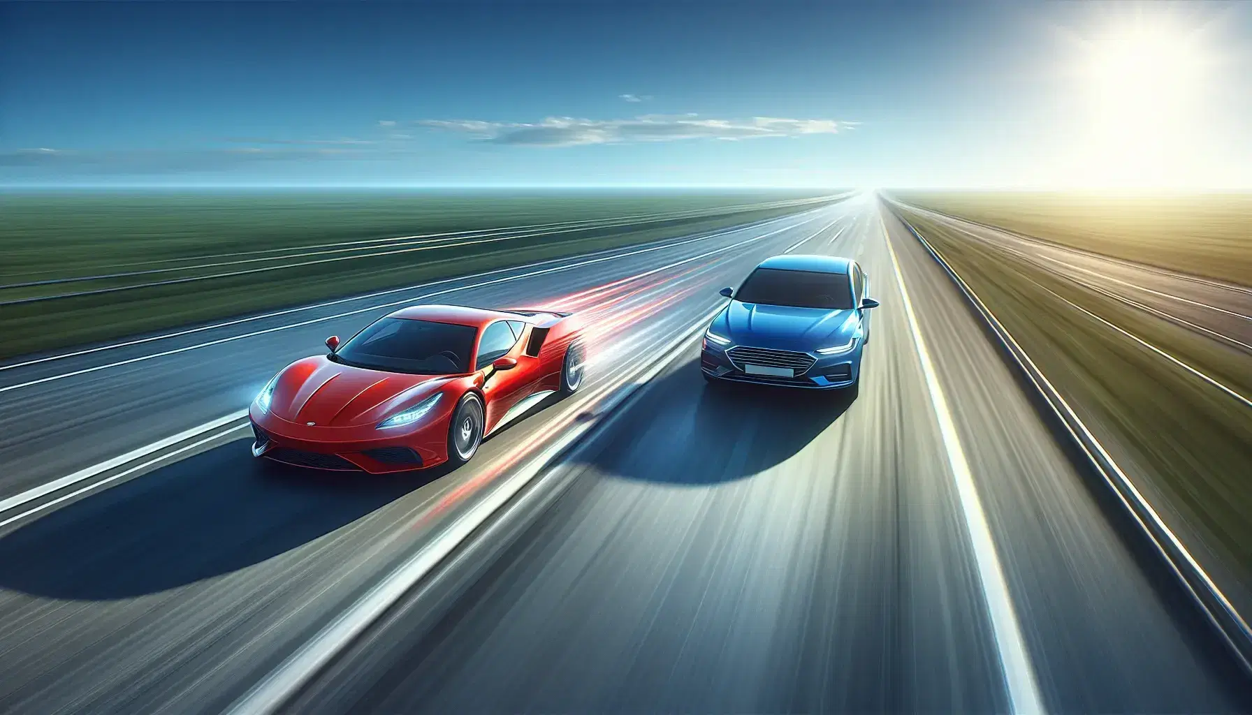 Red sports car overtaking blue sedan on a sunny day, both showing motion blur on a clear, straight road amidst a green landscape.